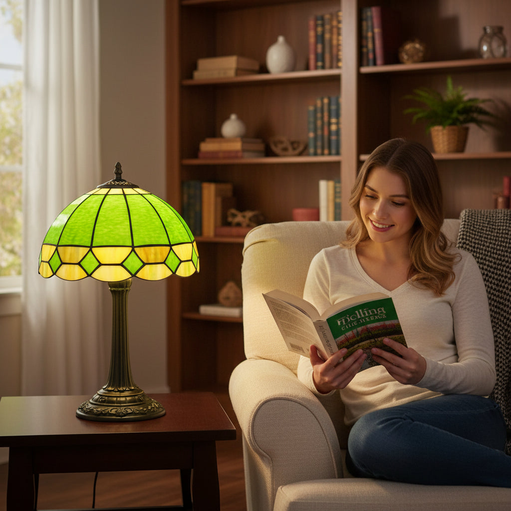 Lampe de Table Style Tiffany en Vitraux Verts et Jaunes