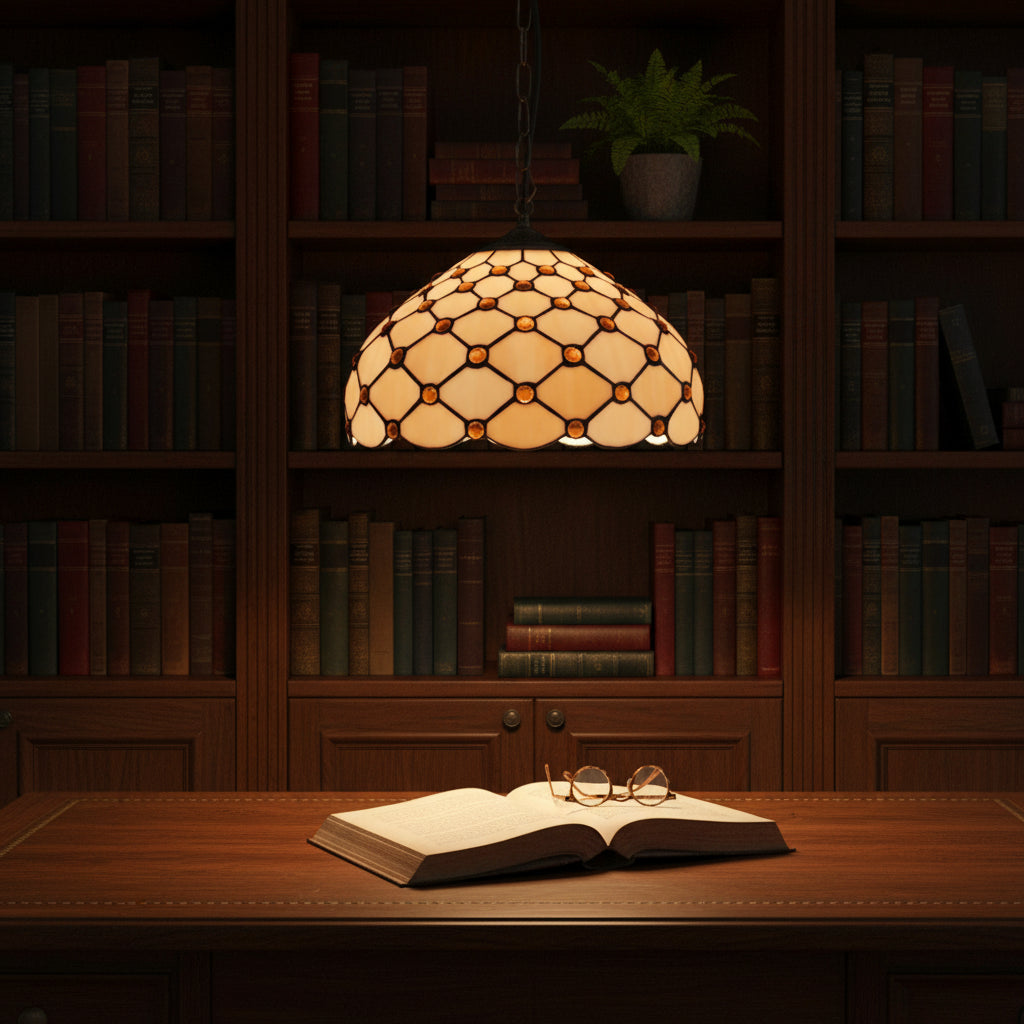 Suspension Luminaire Style Tiffany avec Joyaux Ambrés
