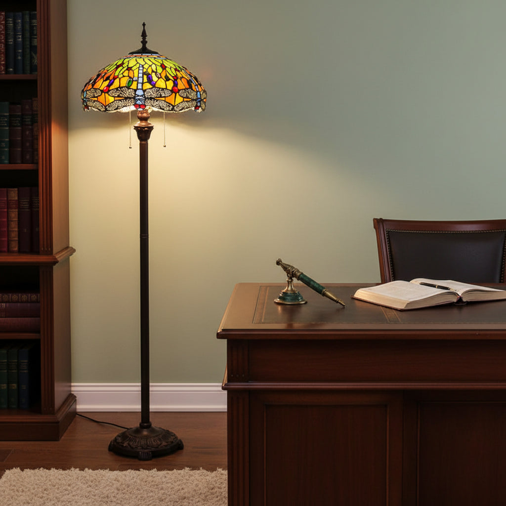 Lampadaire Tiffany en Verre Teinté Libellules