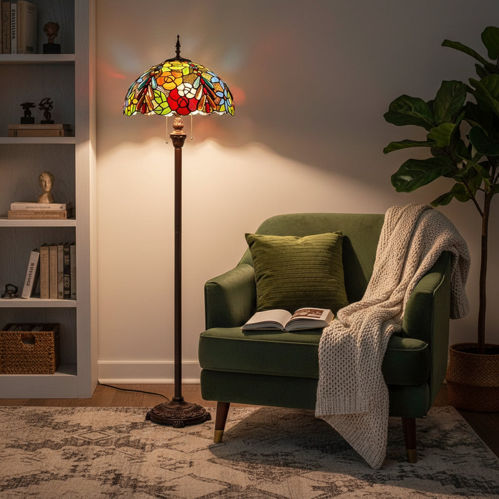 Lampadaire Style Tiffany Floral en Verre Multicolore