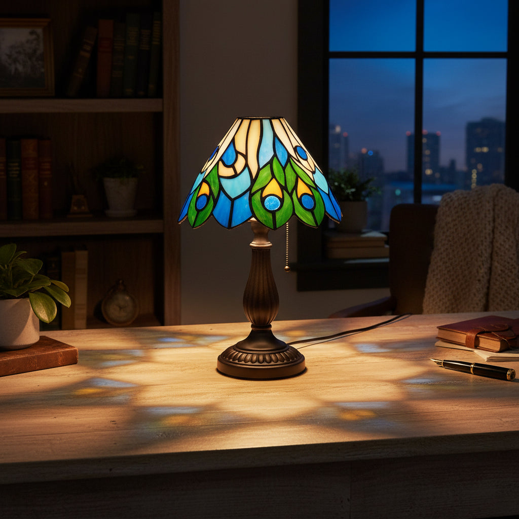 Abat-jour en Vitrail Tiffany Motif Paon Bleu Vert