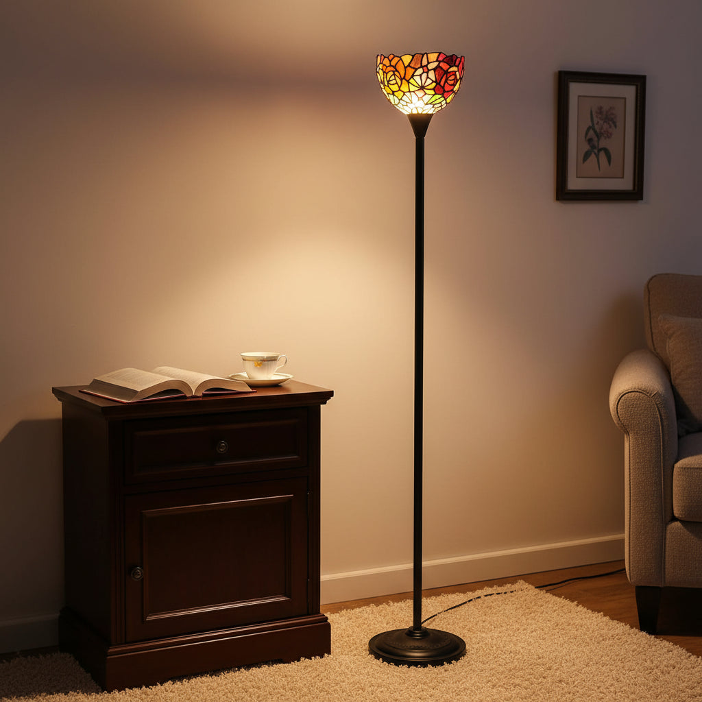 Lampadaire Style Tiffany en Verre Teinté Floral