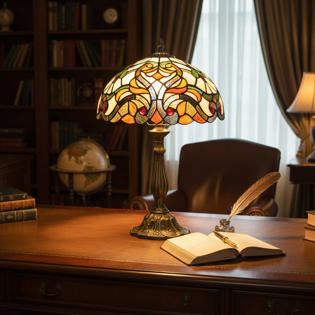 Lampe de Table Tiffany en Vitrail Ambre et Rouge