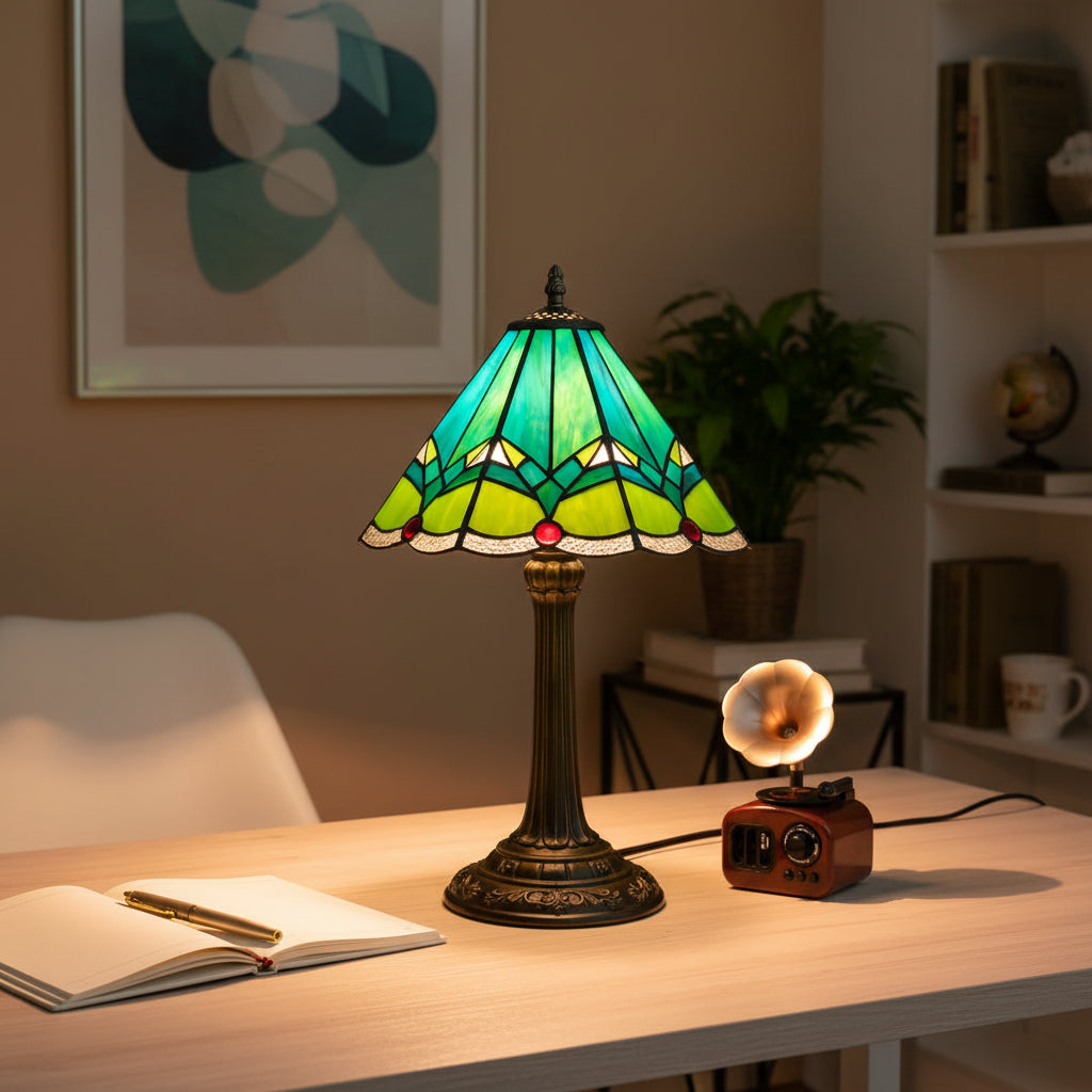 Lampe de Table en Vitrail Style Tiffany Vert Géométrique