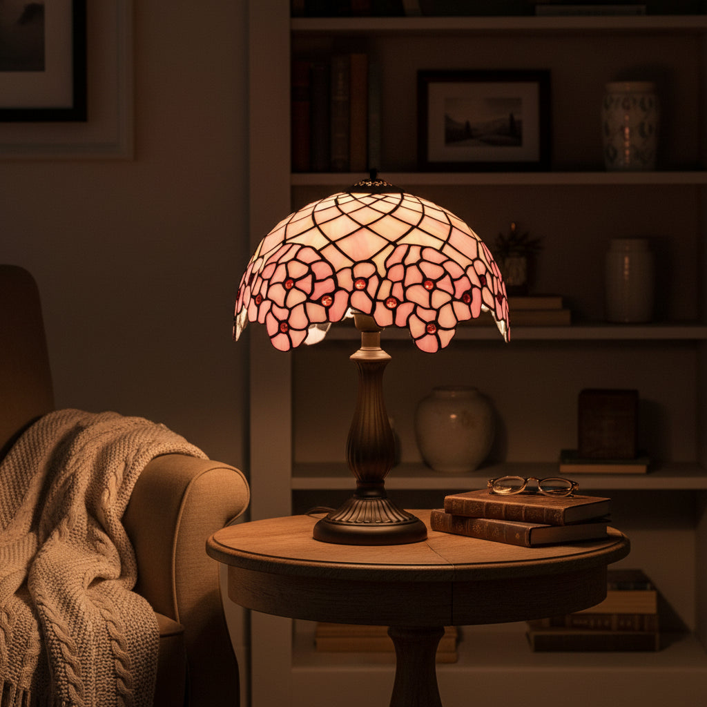 Abat-jour en Vitrail Rose Floral et Géométrique