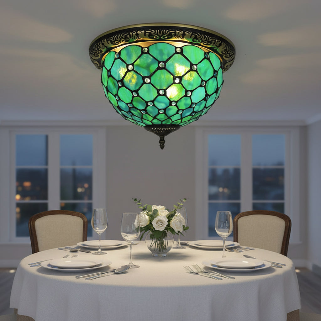 Plafonnier Style Tiffany en Vitrail Vert