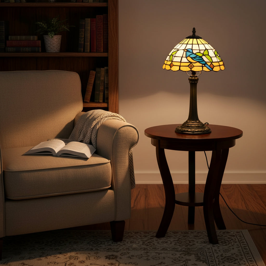 Lampe Tiffany en Vitrail à Motif Oiseau Bleu et Feuilles