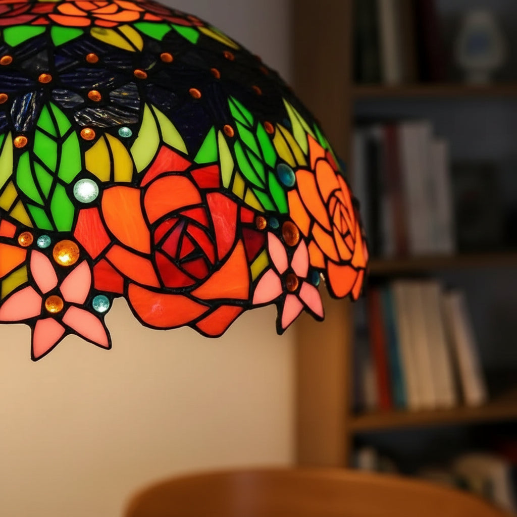 Suspension Tiffany à Vitrail de Roses Multicolores Ø40cm