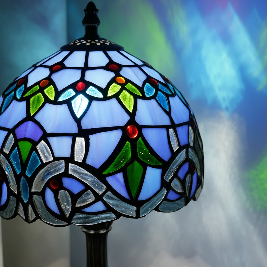 Lampe de Table Style Tiffany à Vitrail Floral Bleu
