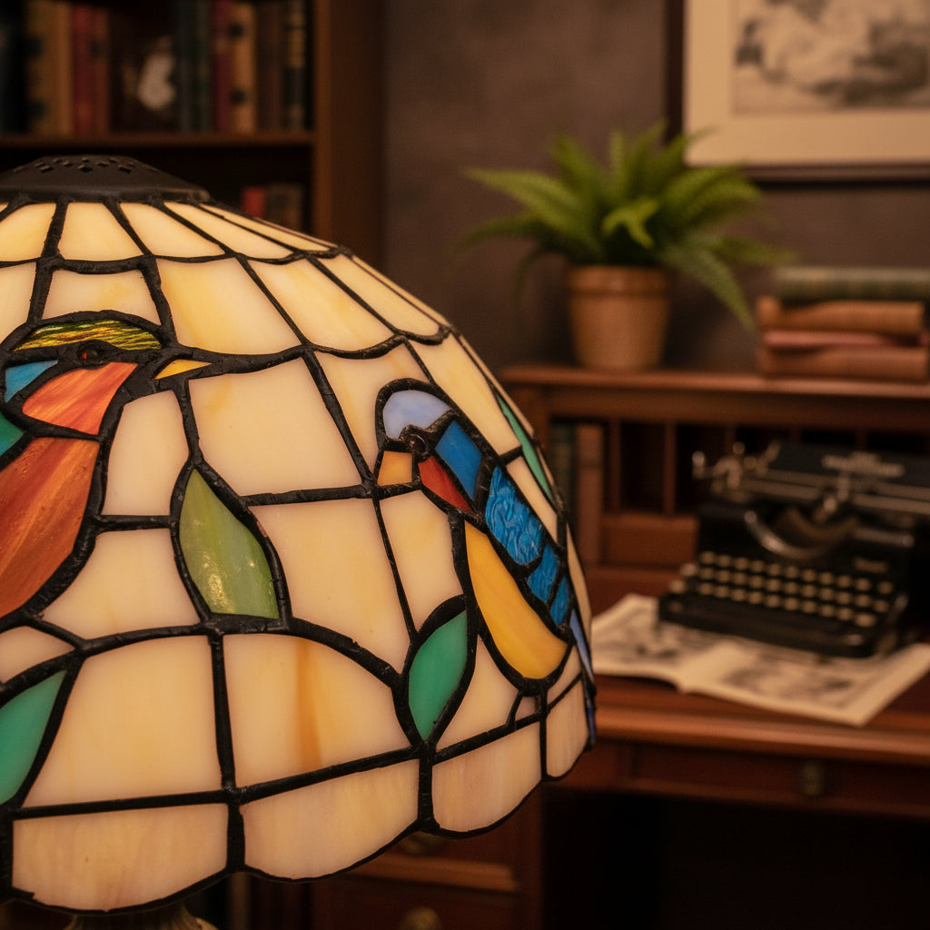 Abat-Jour en Verre Teinté Style Tiffany Oiseaux