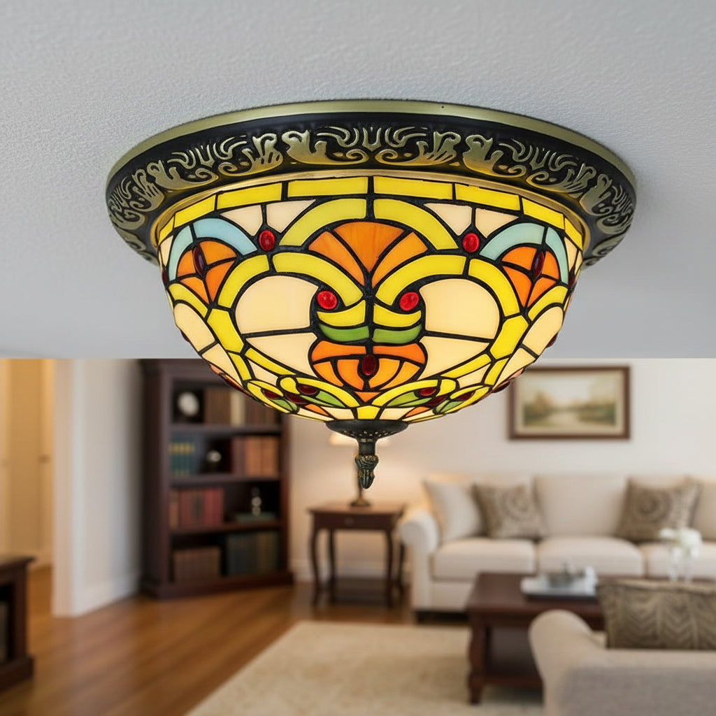 Plafonnier Rond Style Tiffany en Verre Teinté