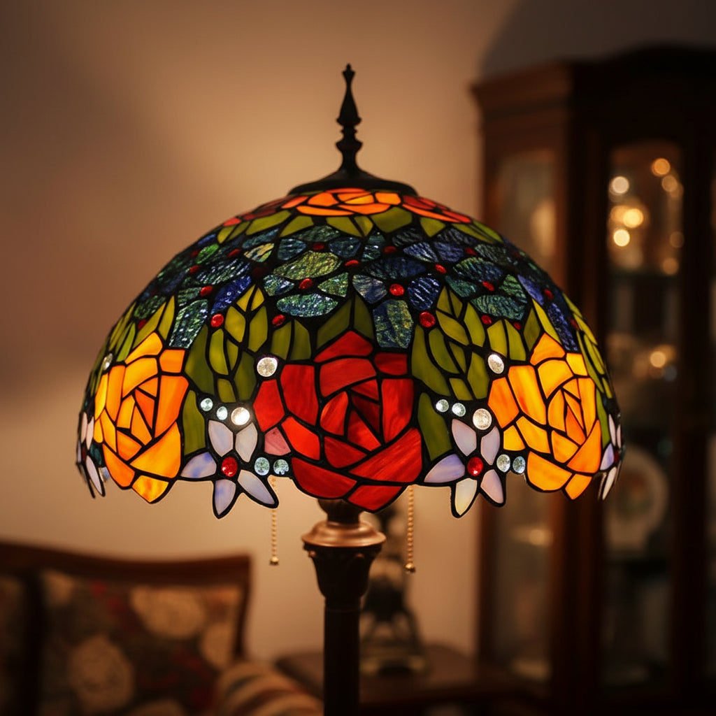 Lampadaire Style Tiffany en Vitrail Roses Rouges et Jaunes
