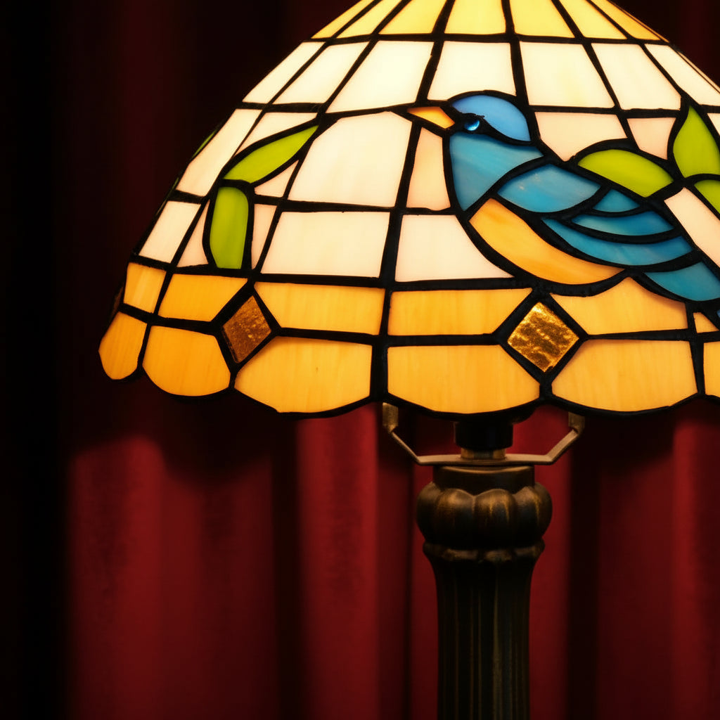 Lampe Tiffany en Vitrail à Motif Oiseau Bleu et Feuilles