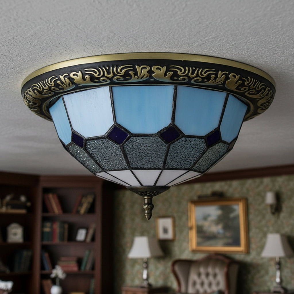 Plafonnier Style Tiffany Bleu Violet et Fer Forgé