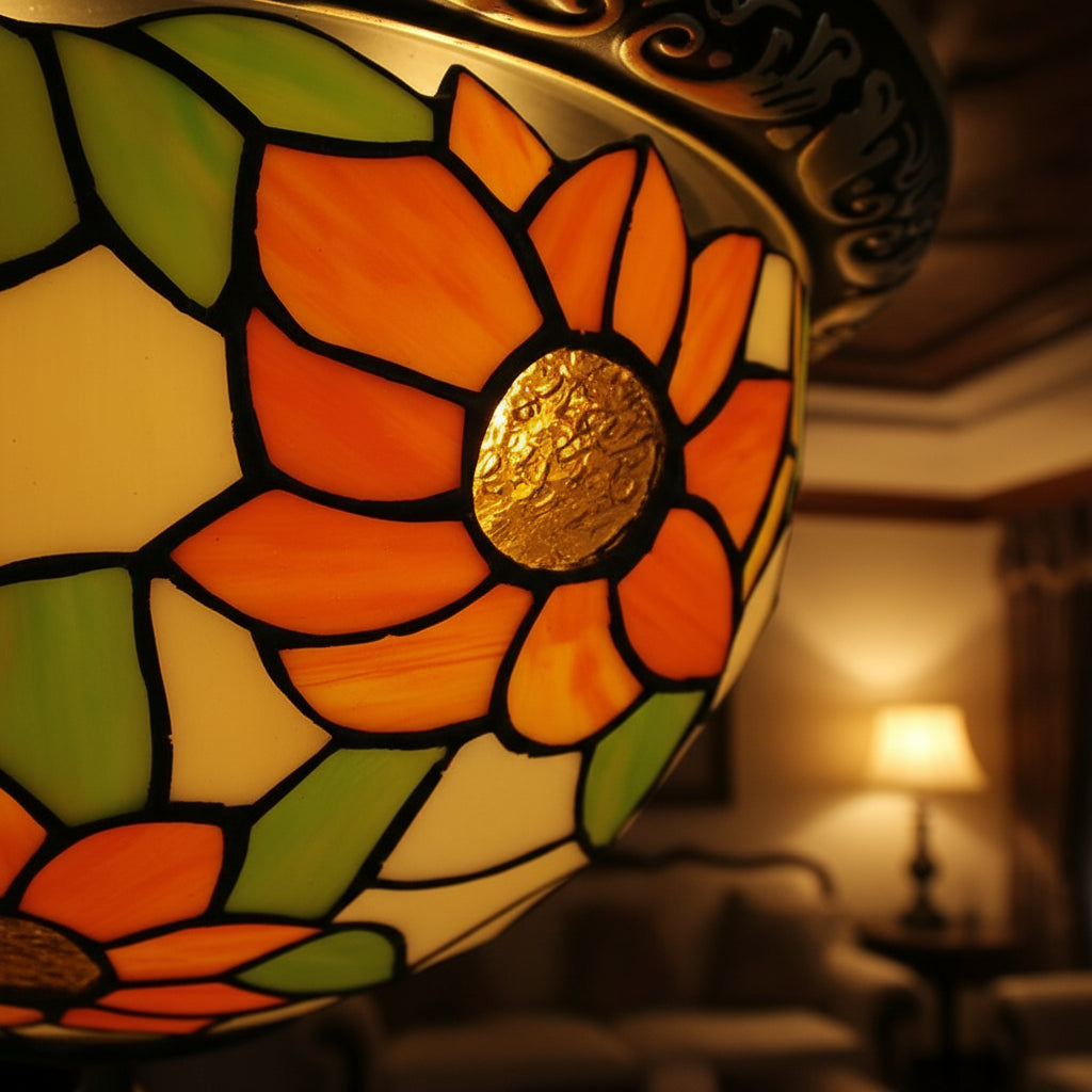 Plafonnier Rond en Verre Tiffany Tournesols Orange