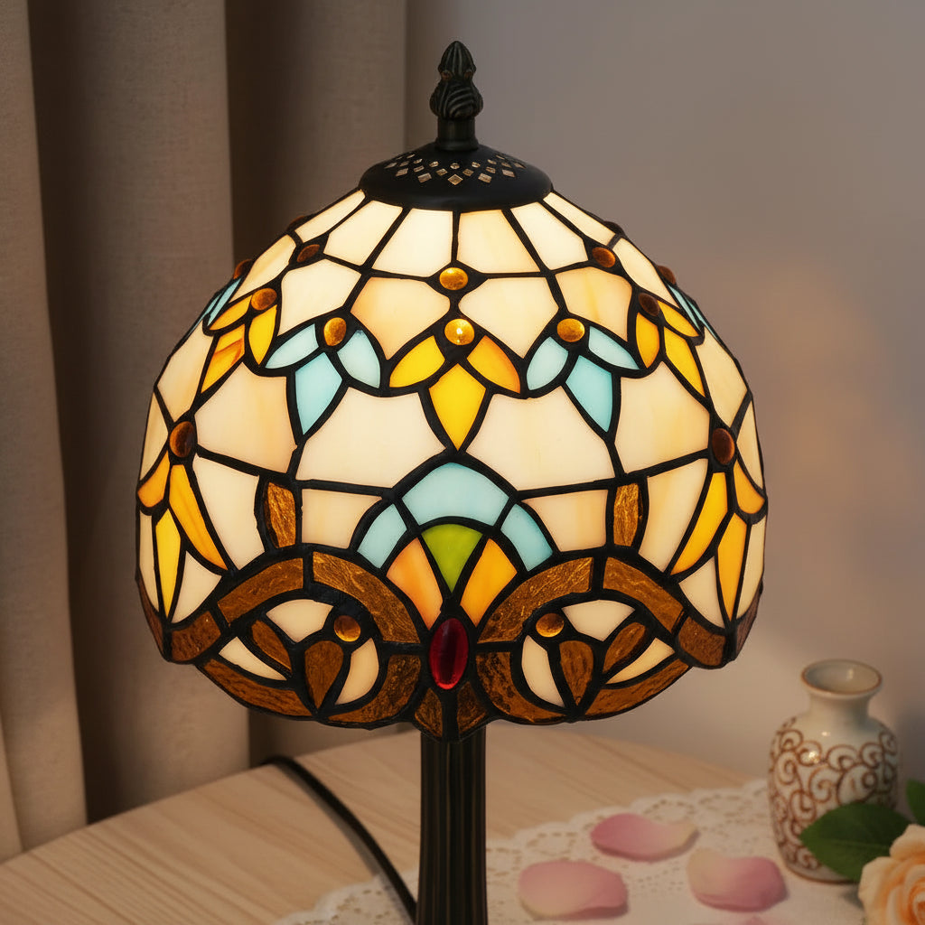 Lampe de Table Tiffany en Vitrail Jaune et Bleu
