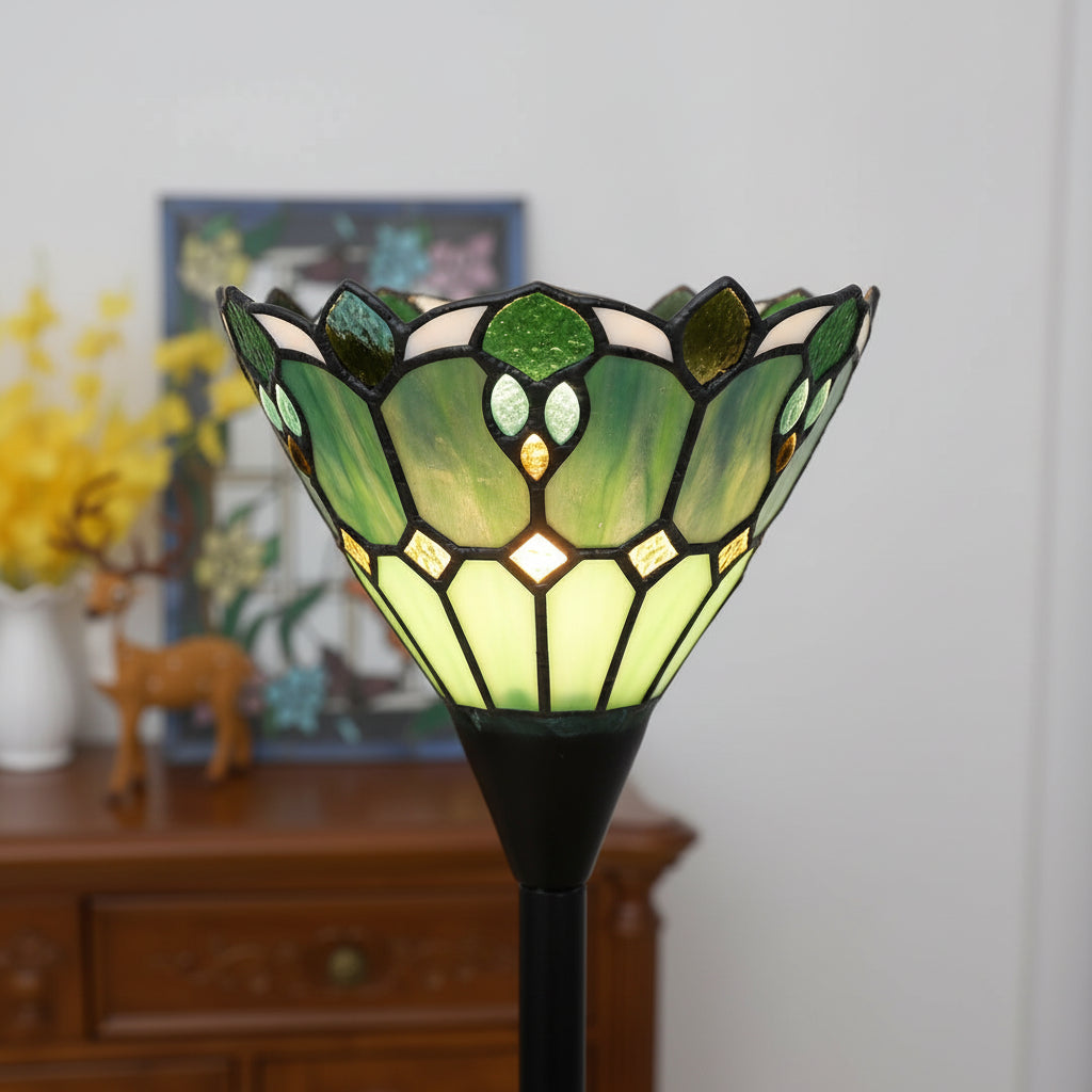 Lampadaire Style Tiffany en Vitrail Vert et Crème
