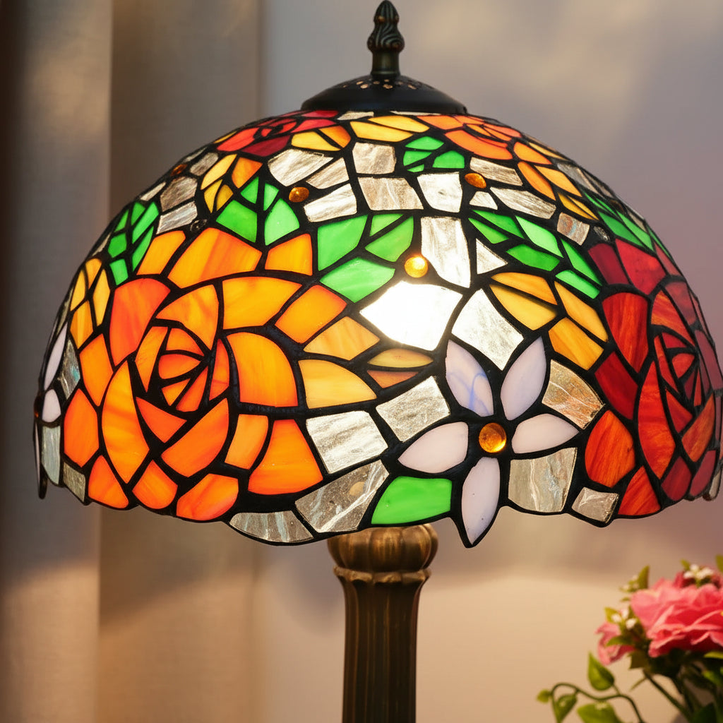 Lampe de Table en Vitrail Style Tiffany Roses