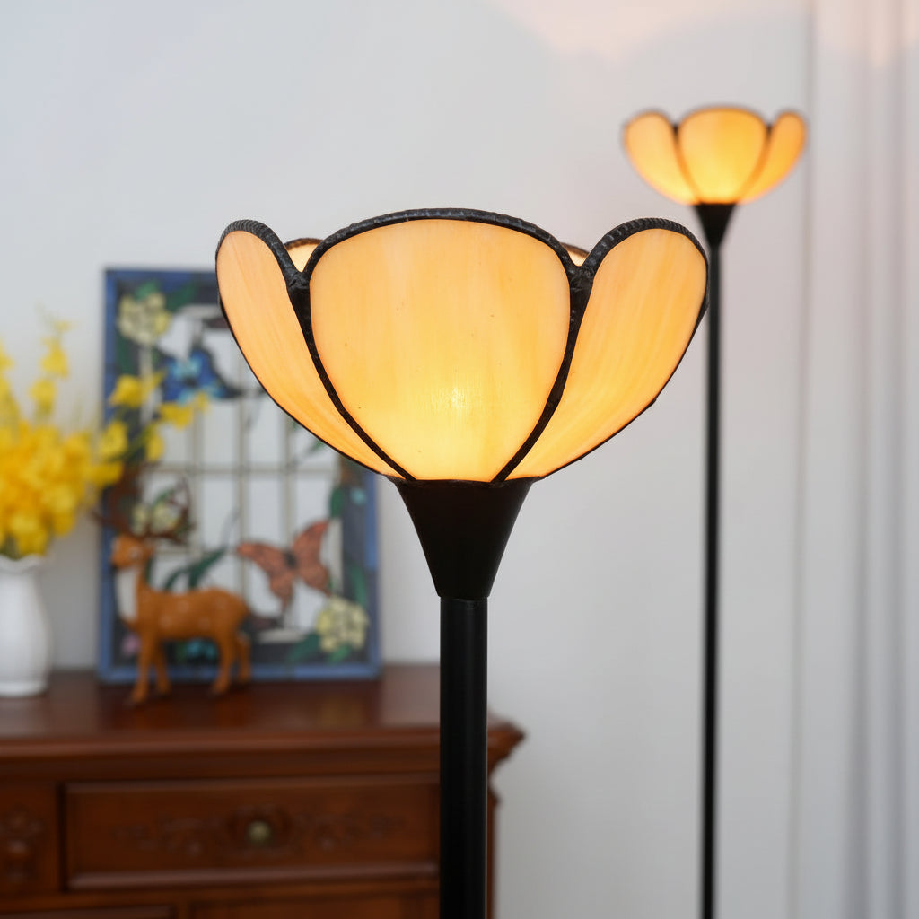 Lampadaire à Abat-jour Floral en Verre Ambré