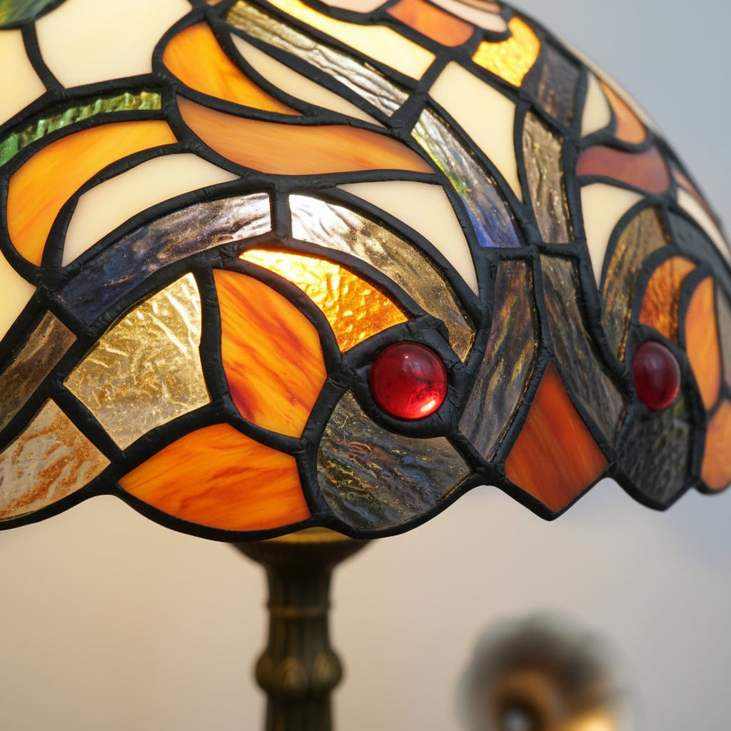 Lampe de Table Tiffany en Vitrail Ambre et Rouge