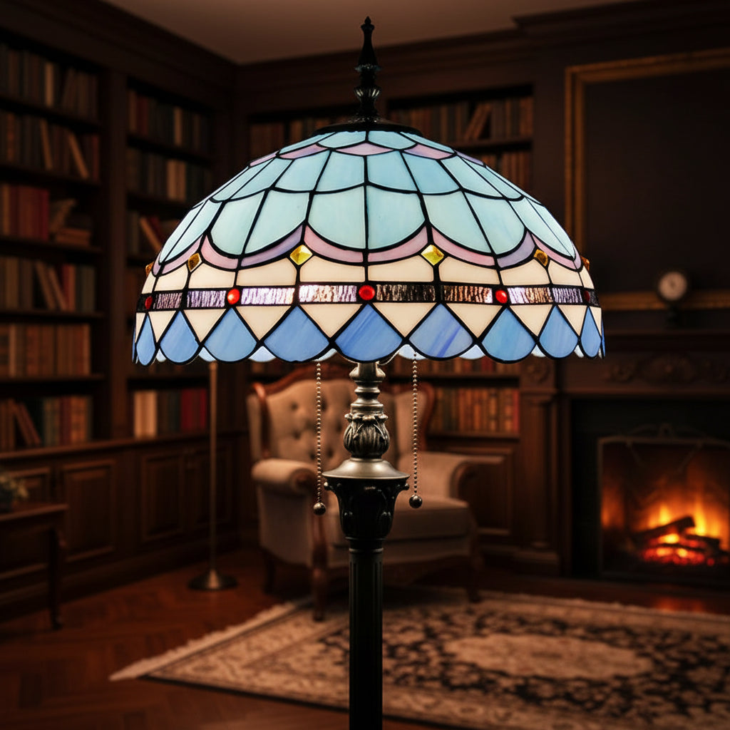 Lampadaire Style Tiffany en Vitrail Bleu et Multicolore
