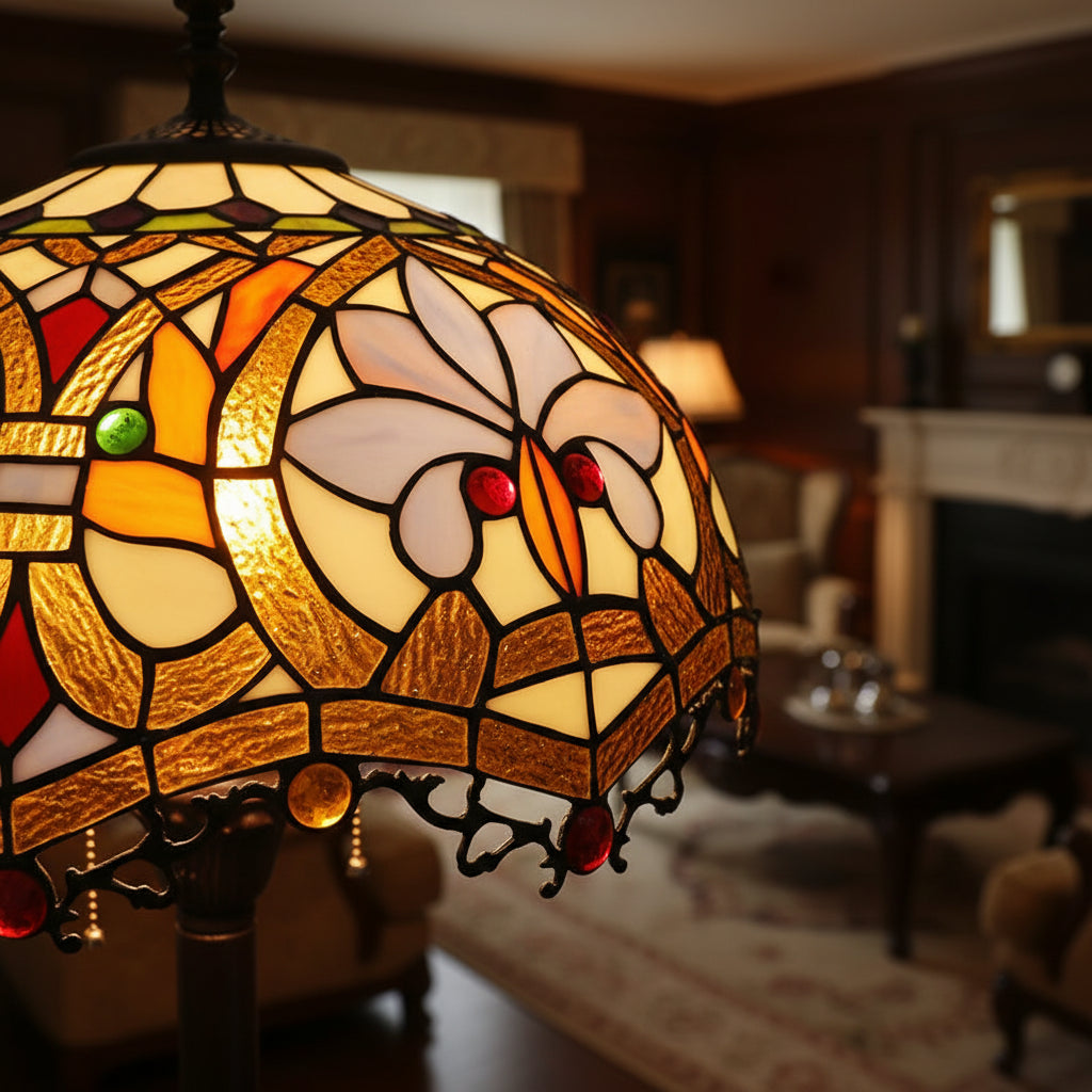 Lampadaire Tiffany Vintage en Verre Teinté Floral