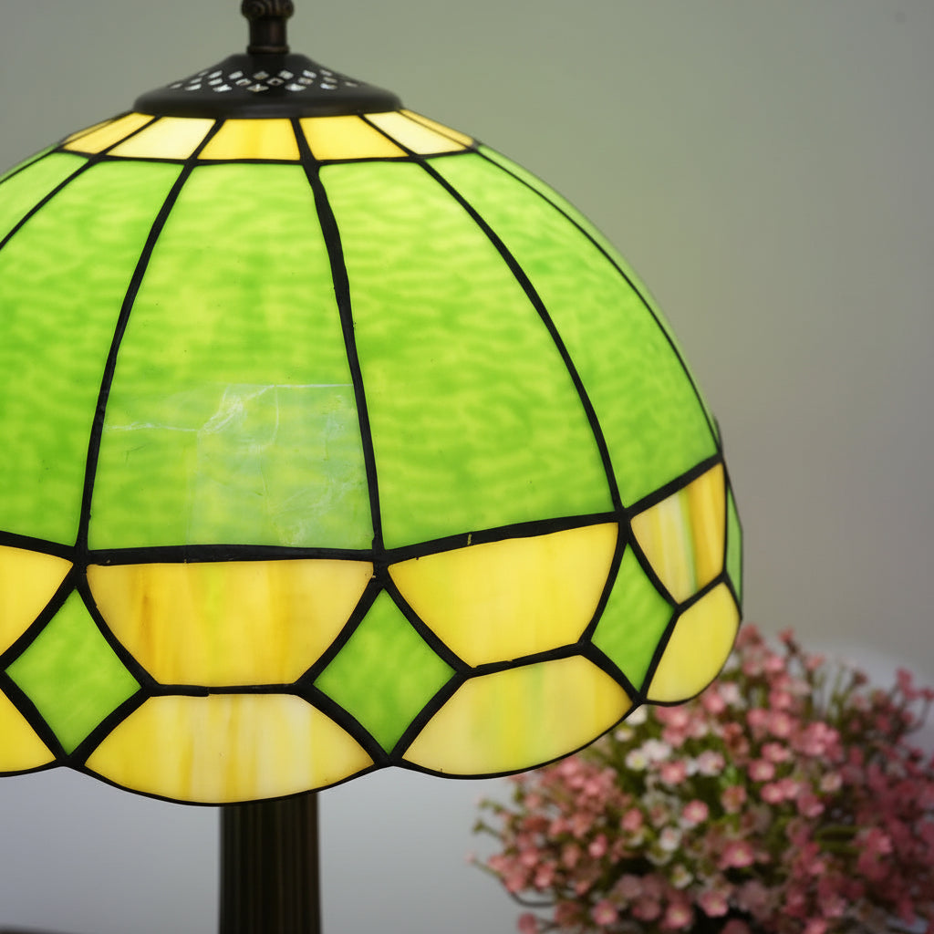 Lampe de Table Style Tiffany en Vitraux Verts et Jaunes