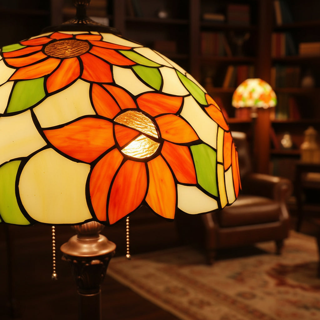 Lampadaire de Style Tiffany en Verre à Fleurs Oranges