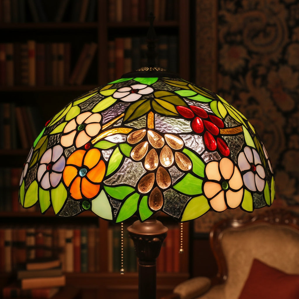 Lampadaire Style Tiffany en Verre Fleurs et Fruits