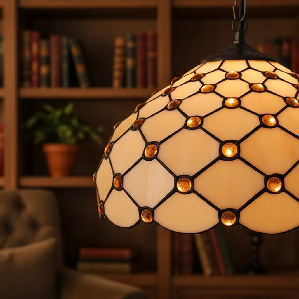 Suspension Luminaire Style Tiffany avec Joyaux Ambrés