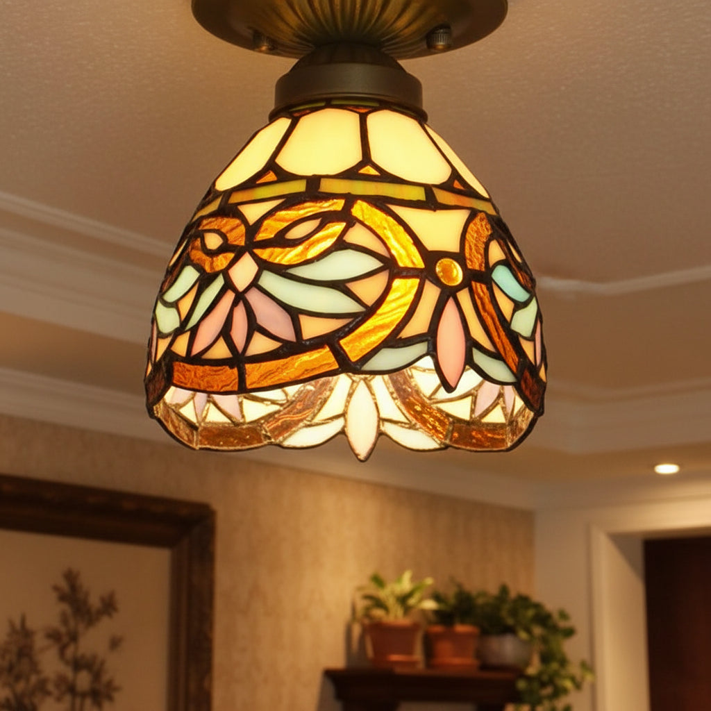 Plafonnier en Vitrail Style Tiffany Floral Bronze