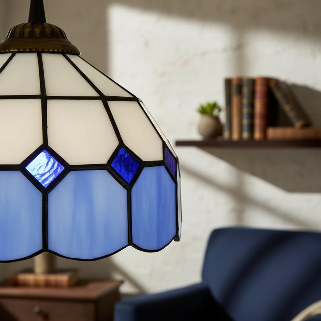 Suspension Luminaire Tiffany Géométrique Blanche et Bleue