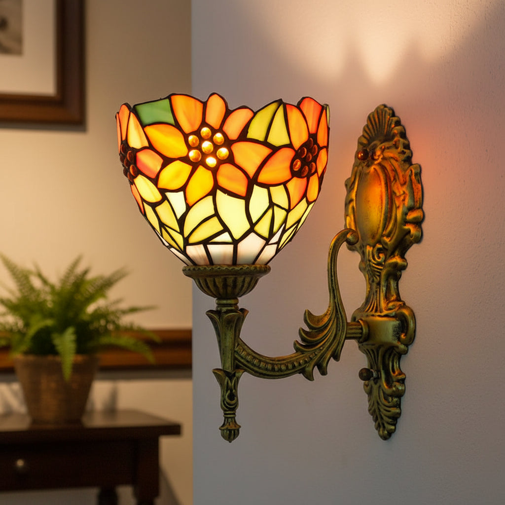 Applique Murale Tiffany Floral en Vitrail et Laiton Vieilli
