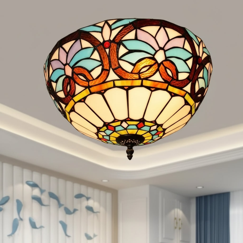 Plafonnier en Verre Teinté Style Tiffany Floral