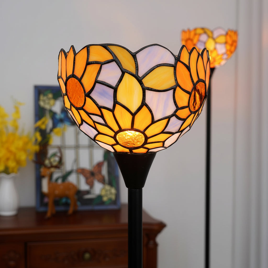 Lampadaire Tiffany Floral en Verre Jaune et Orange