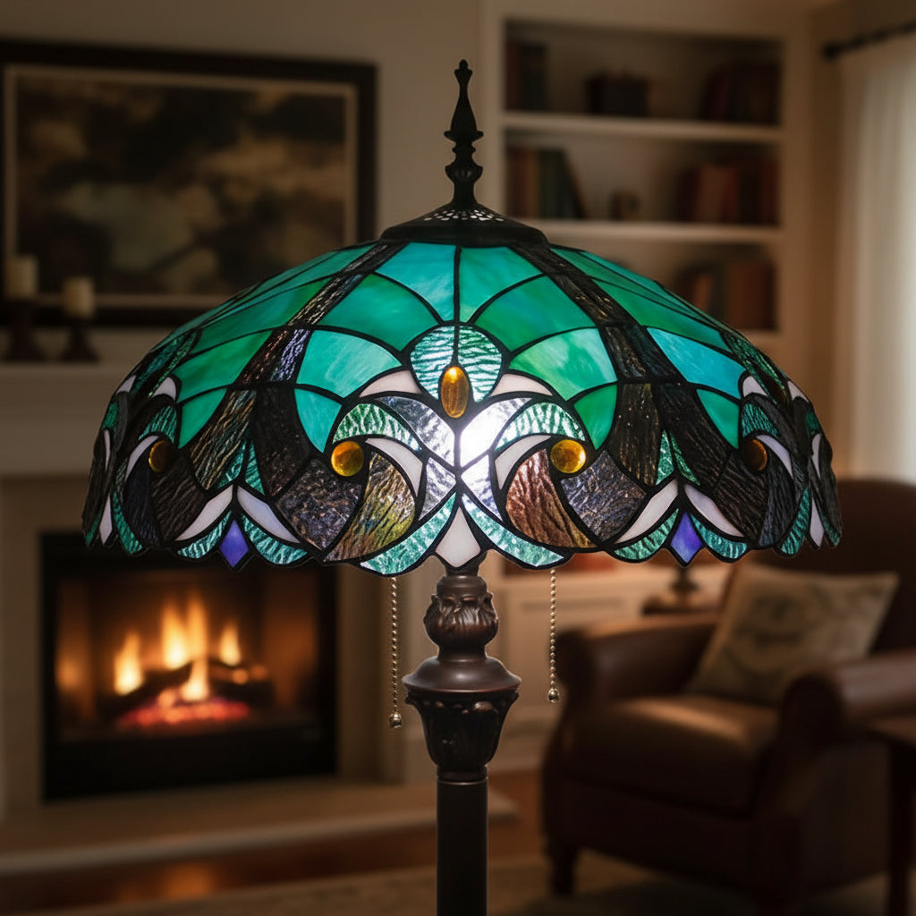 Lampadaire Style Tiffany en Verre Coloré Turquoise