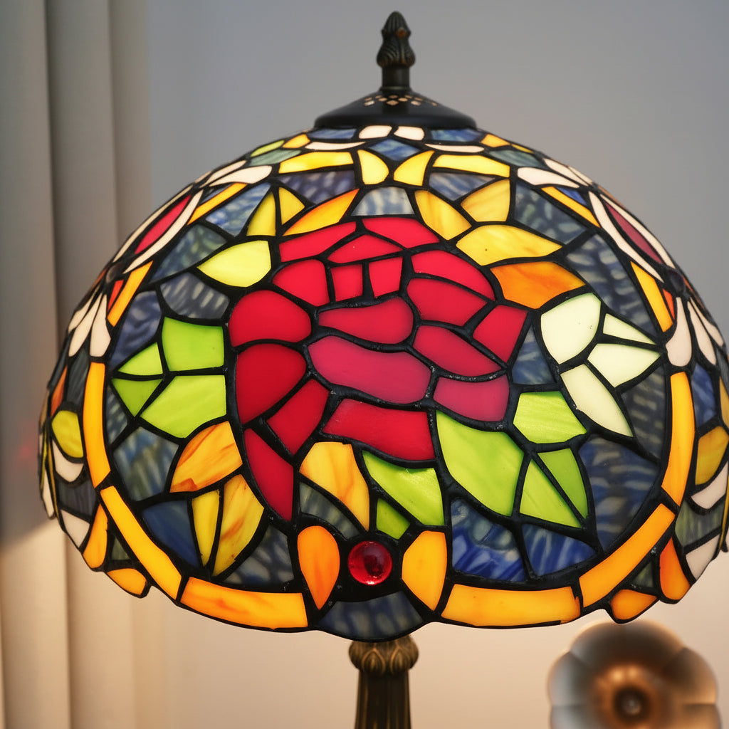 Lampe de Table Style Tiffany en Vitrail Rose Rouge