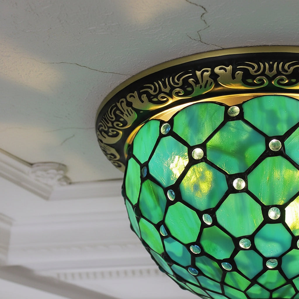 Plafonnier Style Tiffany en Vitrail Vert