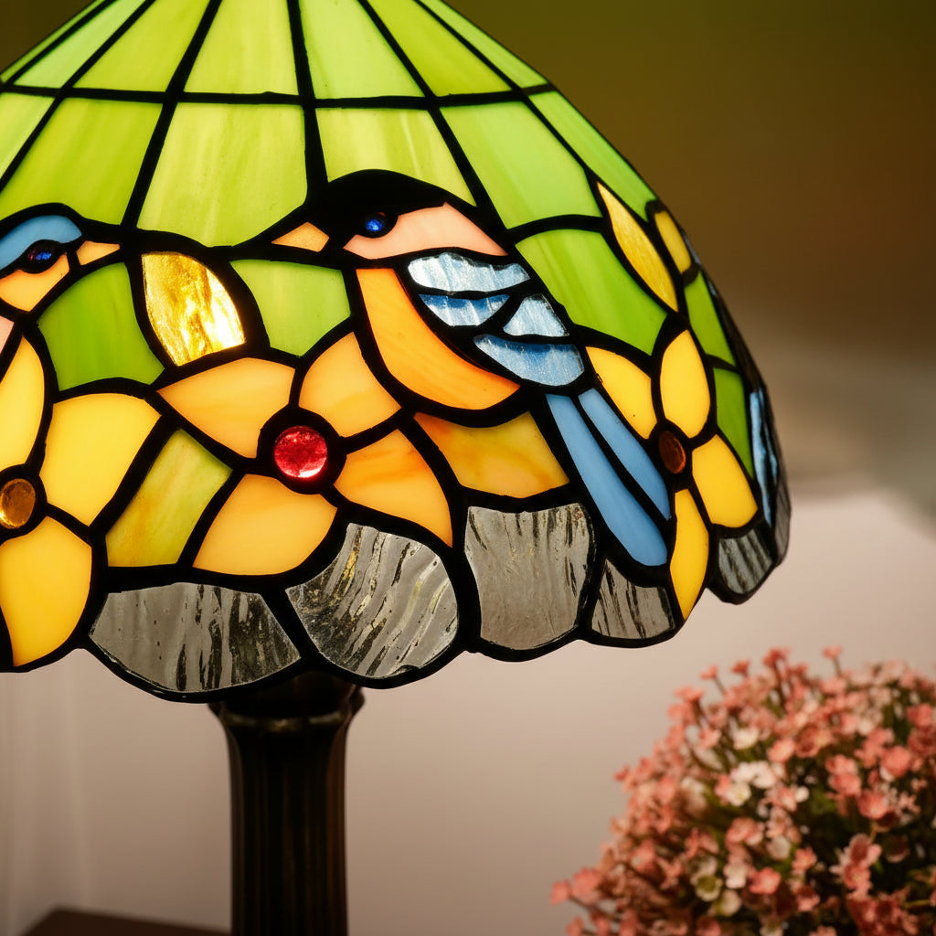 Lampe de Table Tiffany en Vitrail Oiseaux et Fleurs