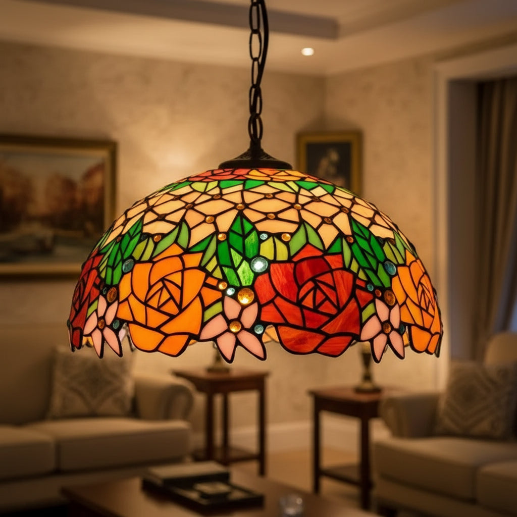 Suspension Style Tiffany en Vitrail à Roses Ø40cm