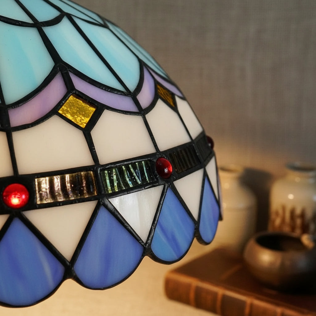 Suspension Luminaire en Vitrail Tiffany Bleue Géométrique D30cm