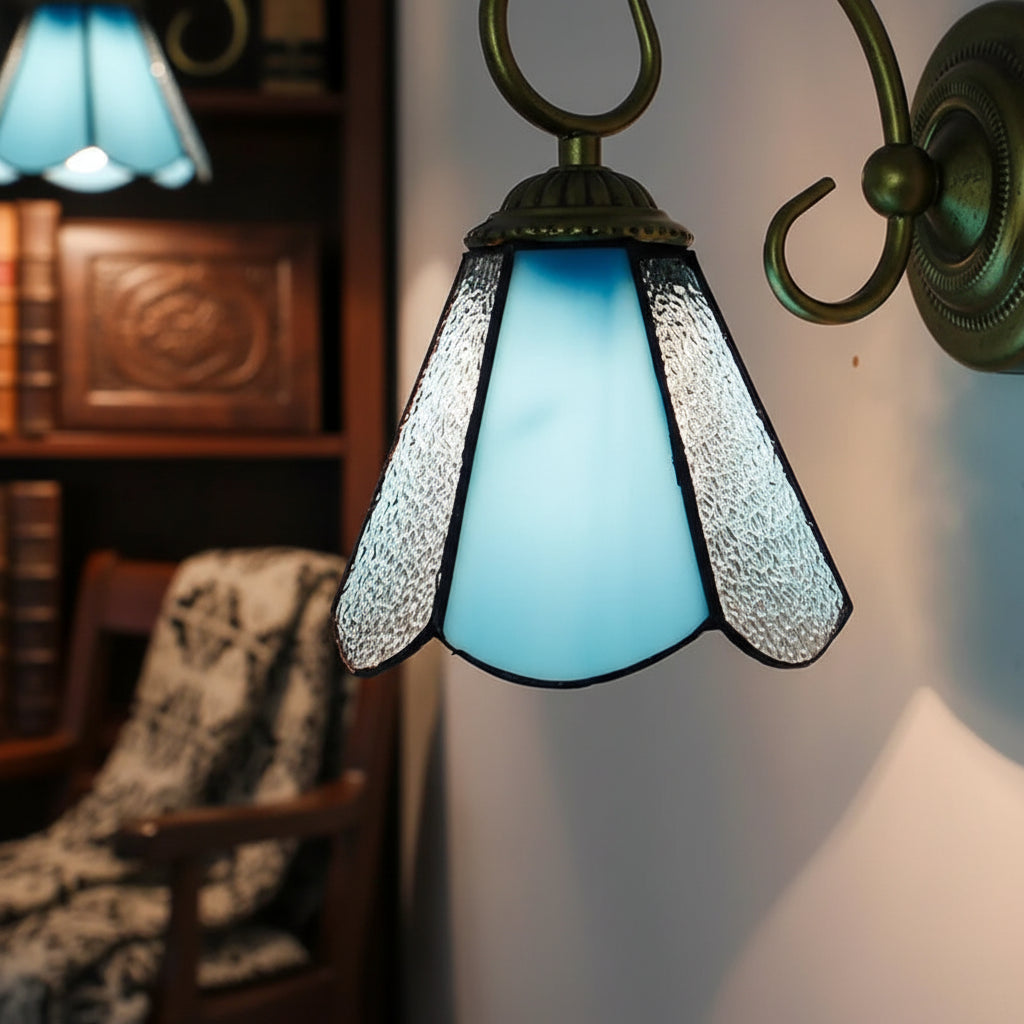 Applique Murale Tiffany en Verre Bleu et Bronze