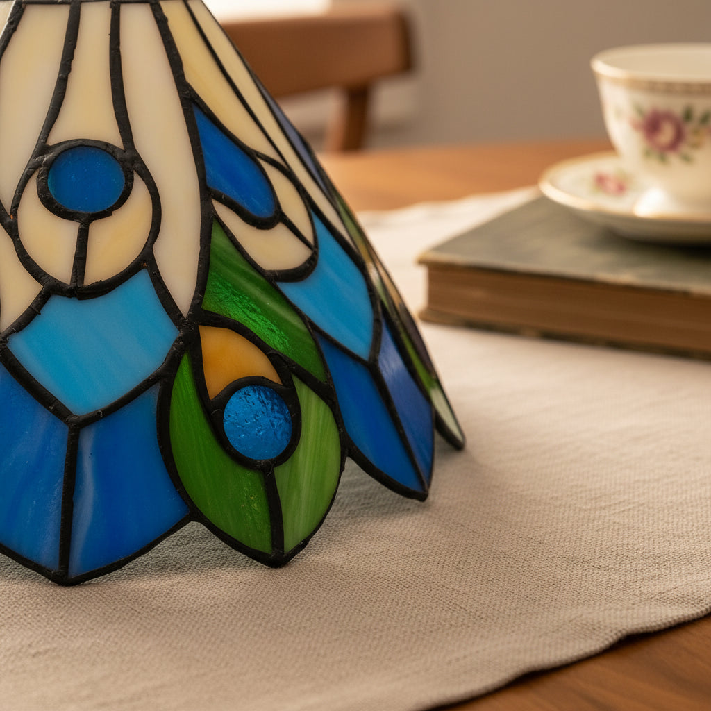 Abat-jour en Vitrail Tiffany Motif Paon Bleu Vert
