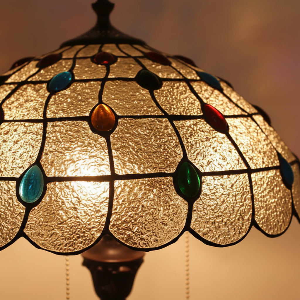 Lampadaire Style Tiffany en Vitrail à Cabochons