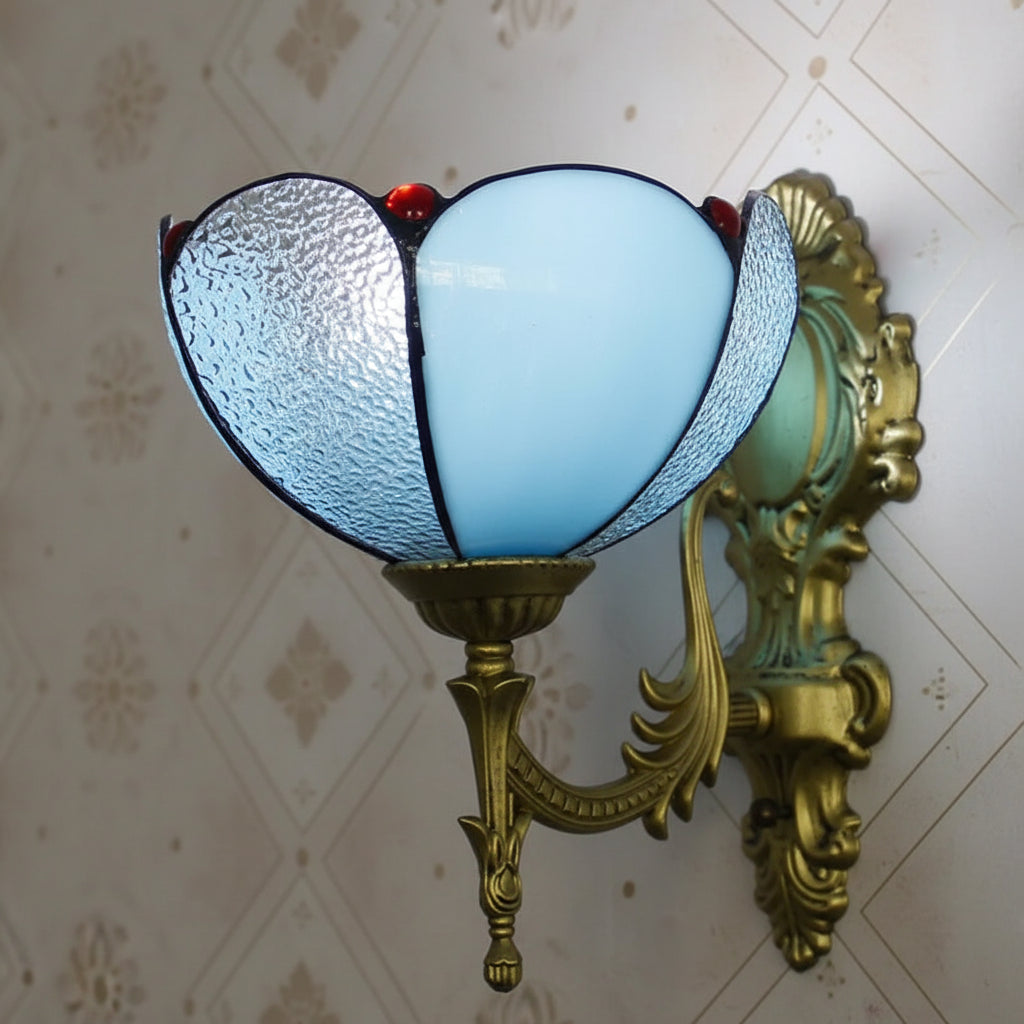 Applique Murale Vintage en Verre Opale Bleu et Laiton Antique