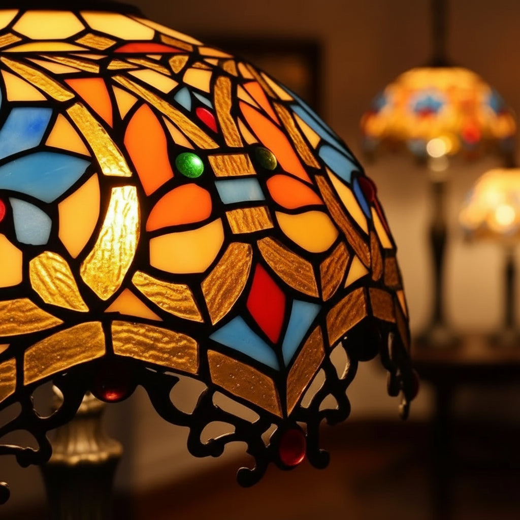 Suspension Luminaire Tiffany en Verre Ambré Floral 30cm
