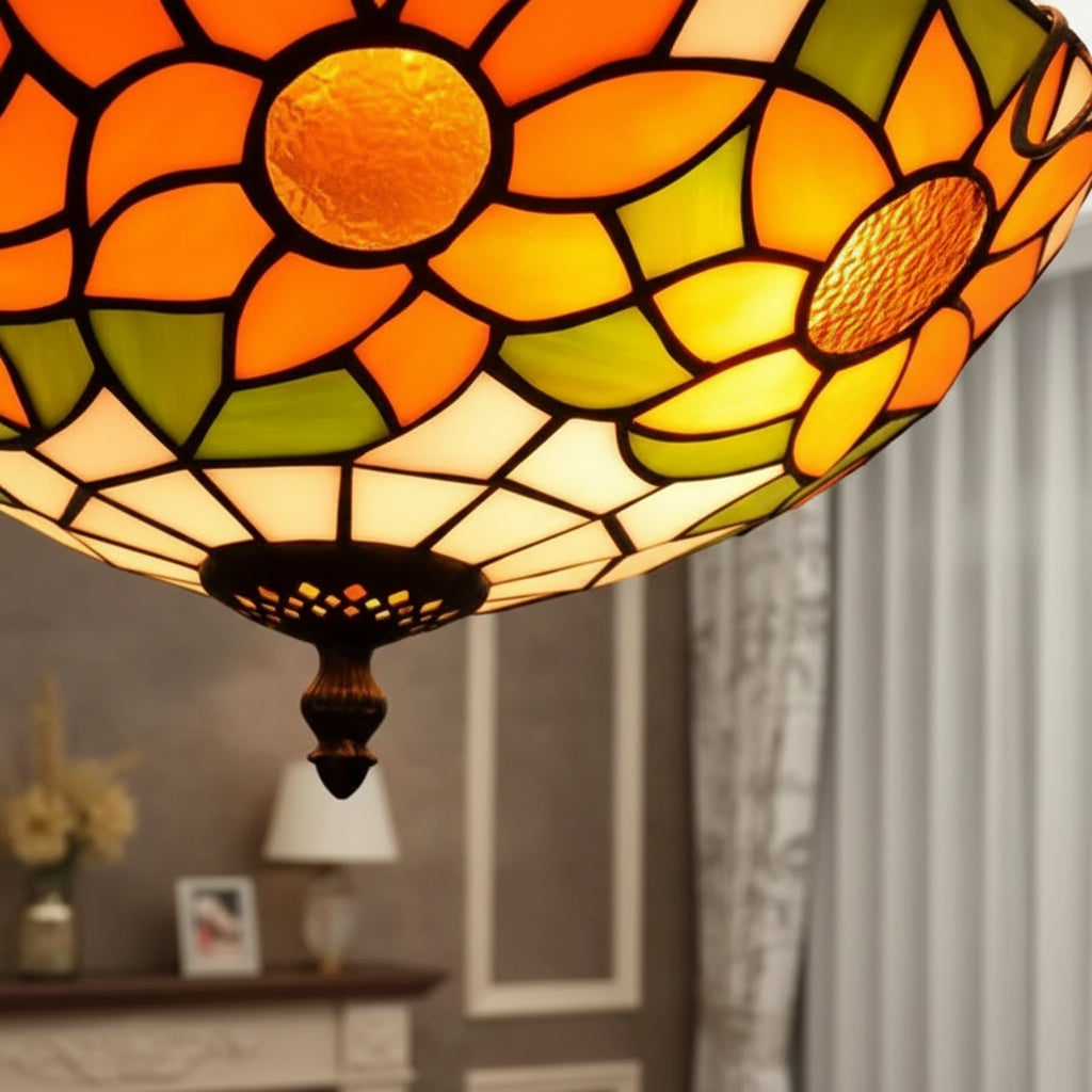 Plafonnier Rond en Vitrail Style Tiffany Tournesol