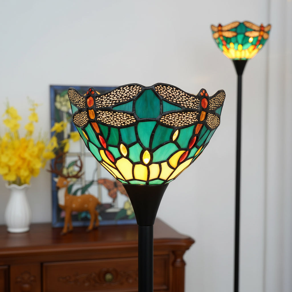 Lampadaire Style Tiffany en Vitrail Libellules