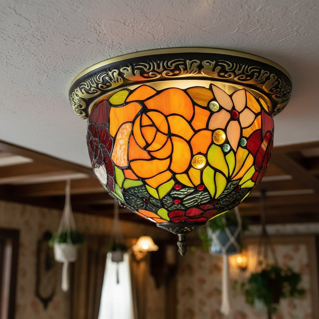 Plafonnier Tiffany Floral en Verre et Fer Forgé