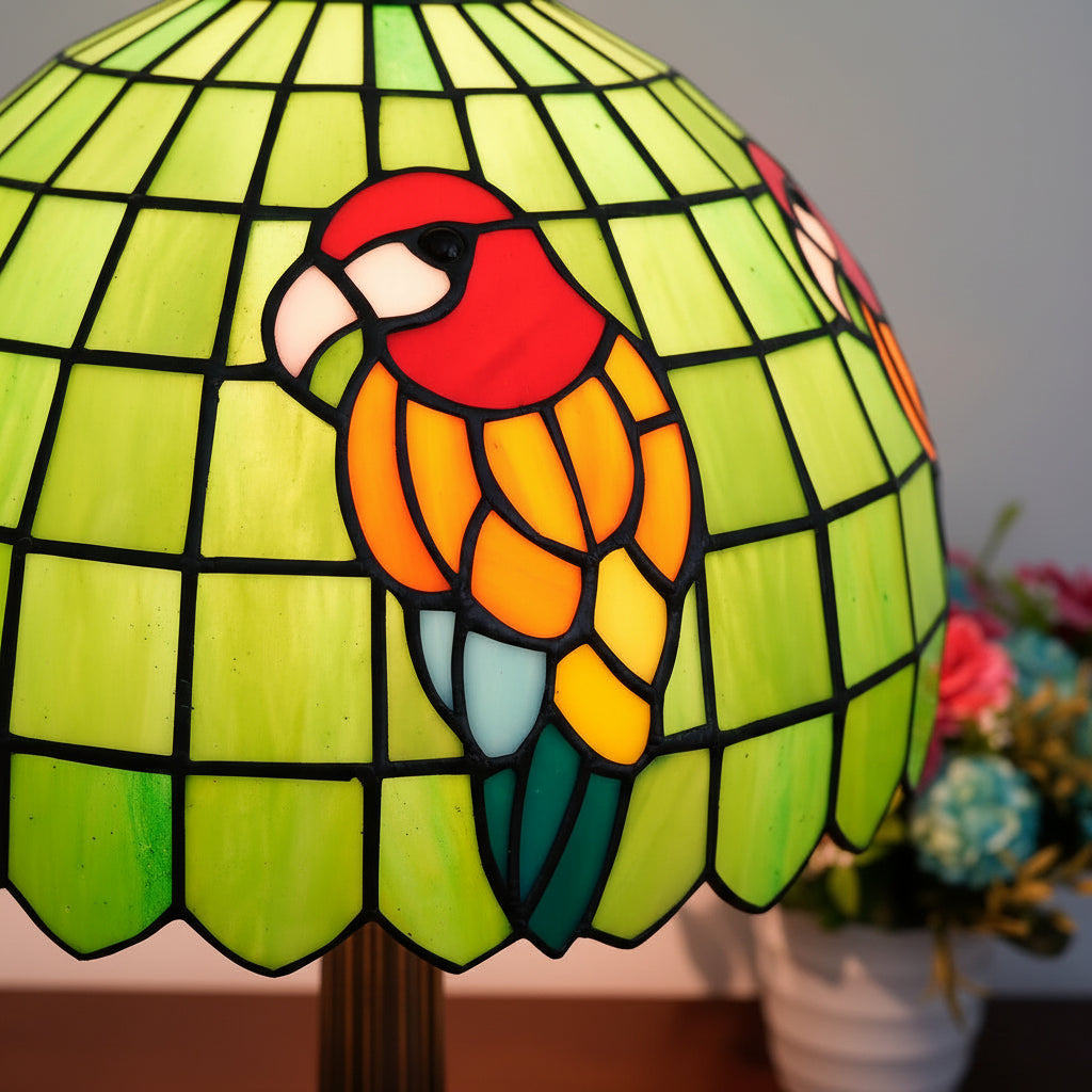 Lampe de Table Tiffany à Perroquets en Verre Teinté